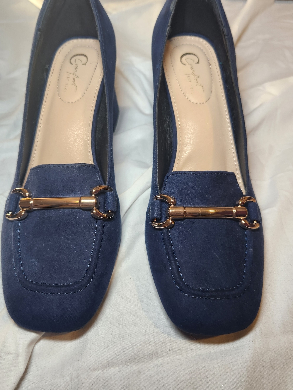 C Est 1946 Navy Suede Women's Loafers with Gold Bit Detail
